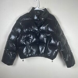 Grey Lab Los Angeles Black Shiny Wet Look Cropped Puffer Jacket Womens Medium